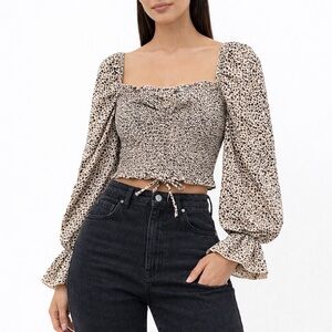 Hesperus XS Leopard Print Smocked Crop Top Puff Long Sleeve Square Neck Boho
